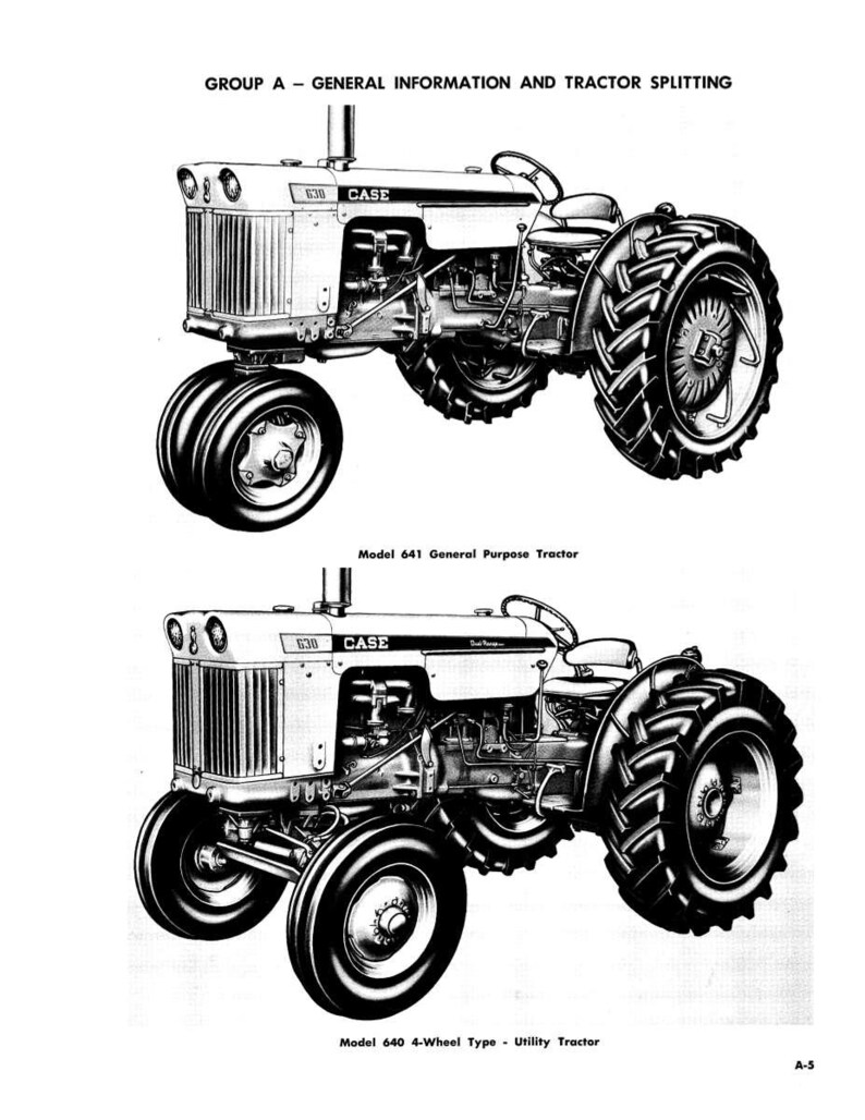 Pode incluir: Ilustra&ccedil;&atilde;o a preto e branco de dois tratores Case 630. O trator superior &eacute; um modelo de uso geral, e o inferior &eacute; um tipo utilit&aacute;rio de 4 rodas. A imagem inclui o texto "GROUP A - GENERAL INFORMATION AND TRACTOR SPLITTING".
