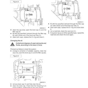 May include: Diagrams from a maintenance manual detailing procedures for checking oil levels and changing oil in a vehicle's driveline. The illustrations show components labeled with numbers and arrows, with text instructions.