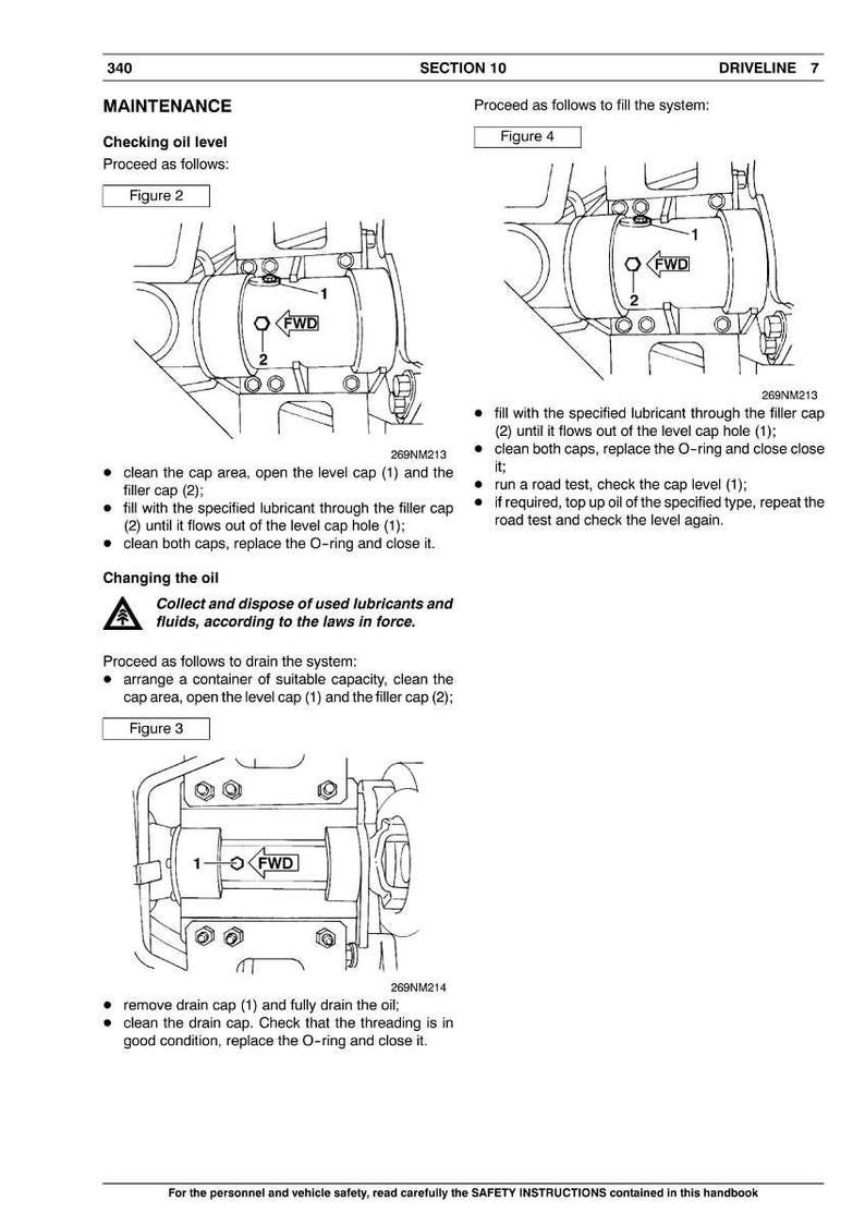 May include: Diagrams from a maintenance manual detailing procedures for checking oil levels and changing oil in a vehicle's driveline. The illustrations show components labeled with numbers and arrows, with text instructions.