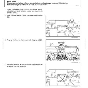 May include: Diagram of a divider hood installation for a MaizeMaster 9105-24. Instructions include lowering the header, sliding the hood bracket, propping up the hood, and installing bolts. Safety warning included.