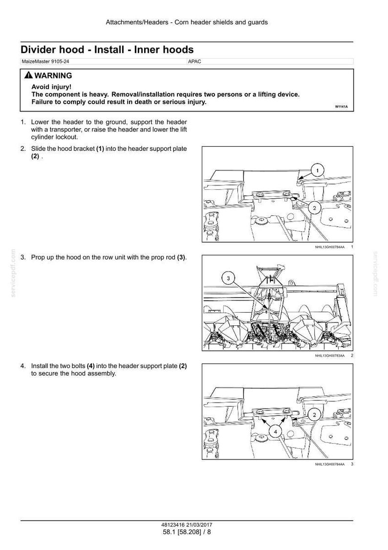 May include: Diagram of a divider hood installation for a MaizeMaster 9105-24. Instructions include lowering the header, sliding the hood bracket, propping up the hood, and installing bolts. Safety warning included.