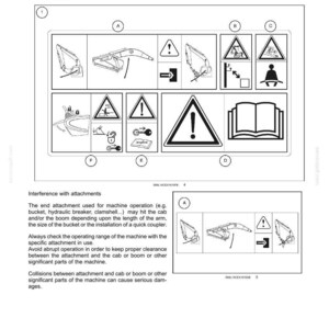 May include: Safety information sheet with diagrams and warning symbols. Includes illustrations of machinery components and safety alerts. Text includes "Decal placement diagrams" and "Table of safety precautions."