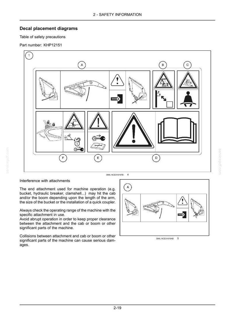 May include: Safety information sheet with diagrams and warning symbols. Includes illustrations of machinery components and safety alerts. Text includes "Decal placement diagrams" and "Table of safety precautions."