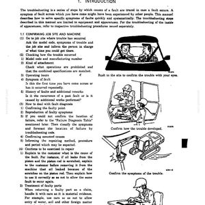 K&ouml;nnte beinhalten: Eine Seite aus einem technischen Handbuch mit dem Titel 1. INTRODUCTION, die schwarz-wei&szlig;e Strichzeichnungen von Bauarbeitern und schweren Maschinen zeigt. Der Text beschreibt Schritte zur Fehlerbehebung bei Ger&auml;ten und die Diagnose.