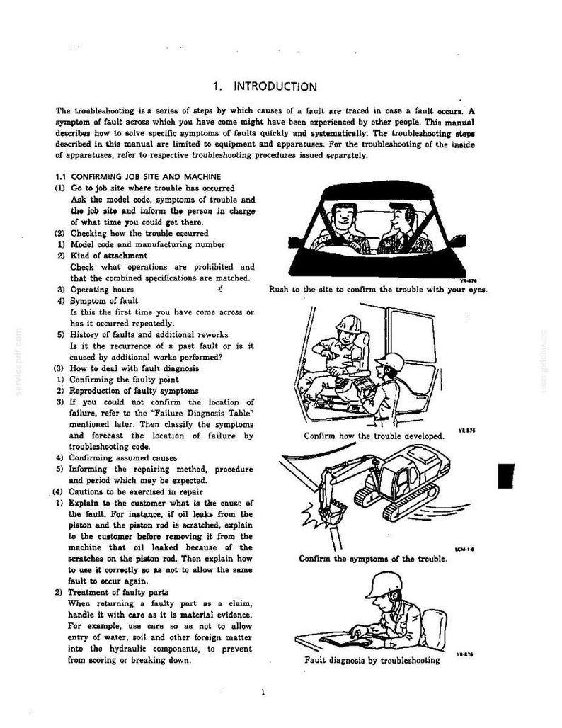 K&ouml;nnte beinhalten: Eine Seite aus einem technischen Handbuch mit dem Titel 1. INTRODUCTION, die schwarz-wei&szlig;e Strichzeichnungen von Bauarbeitern und schweren Maschinen zeigt. Der Text beschreibt Schritte zur Fehlerbehebung bei Ger&auml;ten und die Diagnose.