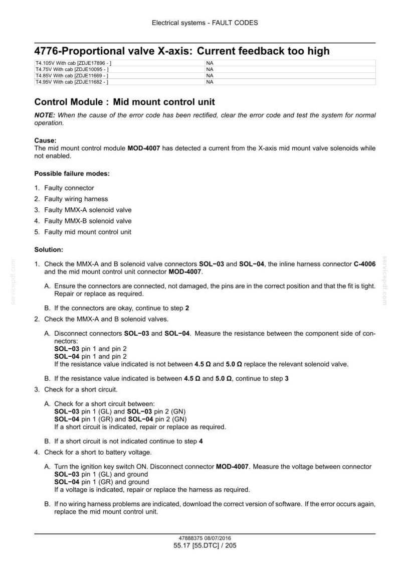May include: A technical document with the title "4776-Proportional valve X-axis: Current feedback too high." It includes troubleshooting steps for electrical systems, such as checking connectors and solenoid valves. The document is dated 08/07/2016.