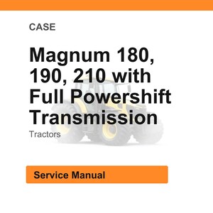 Pode incluir: Fundo branco com a palavra "CASE" no topo. O texto "Magnum 180, 190, 210 com transmiss&atilde;o Full Powershift" &eacute; exibido. Abaixo do texto est&aacute; a palavra "Tratores". Um bot&atilde;o laranja diz "Manual de Servi&ccedil;o".