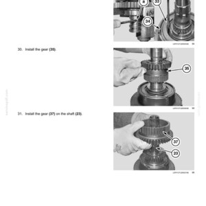 May include: Diagram of powershift transmission internal components. Instructions show the installation of gears (35, 37) and the application of compressed air to push the thrust washer (33) against the snap ring (34).
