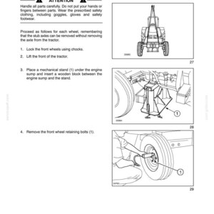 May include: Diagram from a manual detailing stub axle overhaul. Includes illustrations of a tractor, mechanical stand, and wheel components. Text includes safety warnings and step-by-step instructions for the procedure.