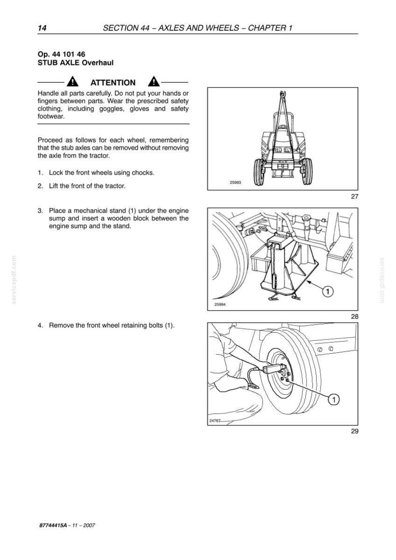 May include: Diagram from a manual detailing stub axle overhaul. Includes illustrations of a tractor, mechanical stand, and wheel components. Text includes safety warnings and step-by-step instructions for the procedure.