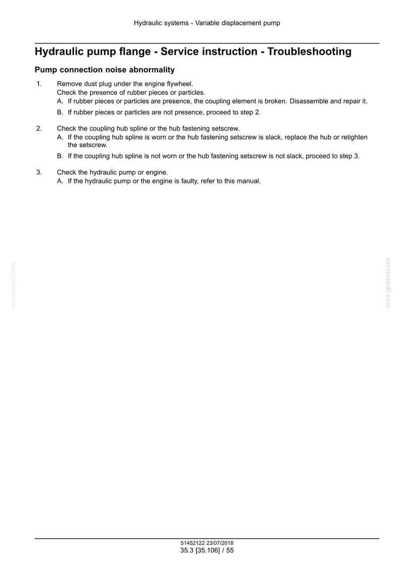 Puede incluir: Documento blanco con texto negro que detalla los pasos para la soluci&oacute;n de problemas de una brida de bomba hidr&aacute;ulica. El documento incluye instrucciones para abordar la anomal&iacute;a de ruido de conexi&oacute;n de la bomba, con pasos numerados y subpuntos. Hay una fecha y un n&uacute;mero de p&aacute;gina.