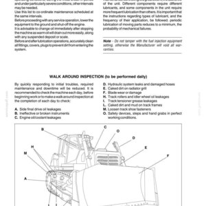Puede incluir: Diagrama de una excavadora con etiquetas para los puntos de inspecci&oacute;n de mantenimiento. El texto incluye "Operaciones de mantenimiento" e "Inspecci&oacute;n de rutina". La imagen es de un manual de servicio.