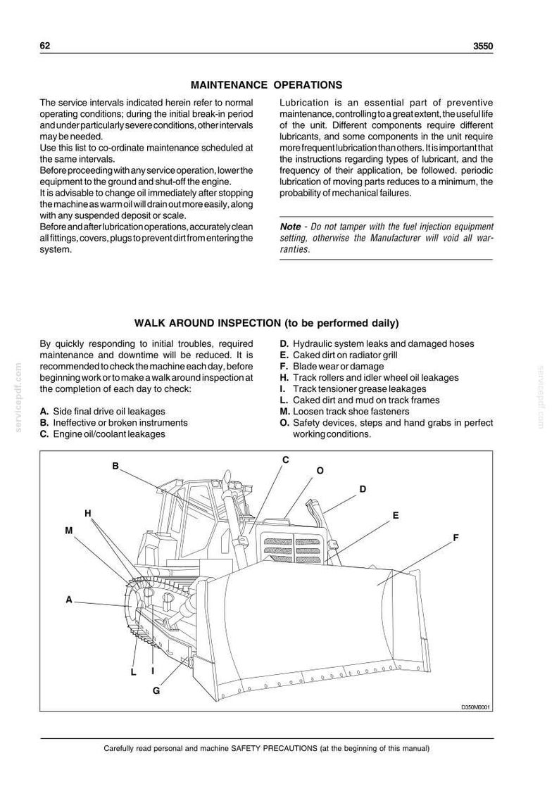 Puede incluir: Diagrama de una excavadora con etiquetas para los puntos de inspecci&oacute;n de mantenimiento. El texto incluye "Operaciones de mantenimiento" e "Inspecci&oacute;n de rutina". La imagen es de un manual de servicio.