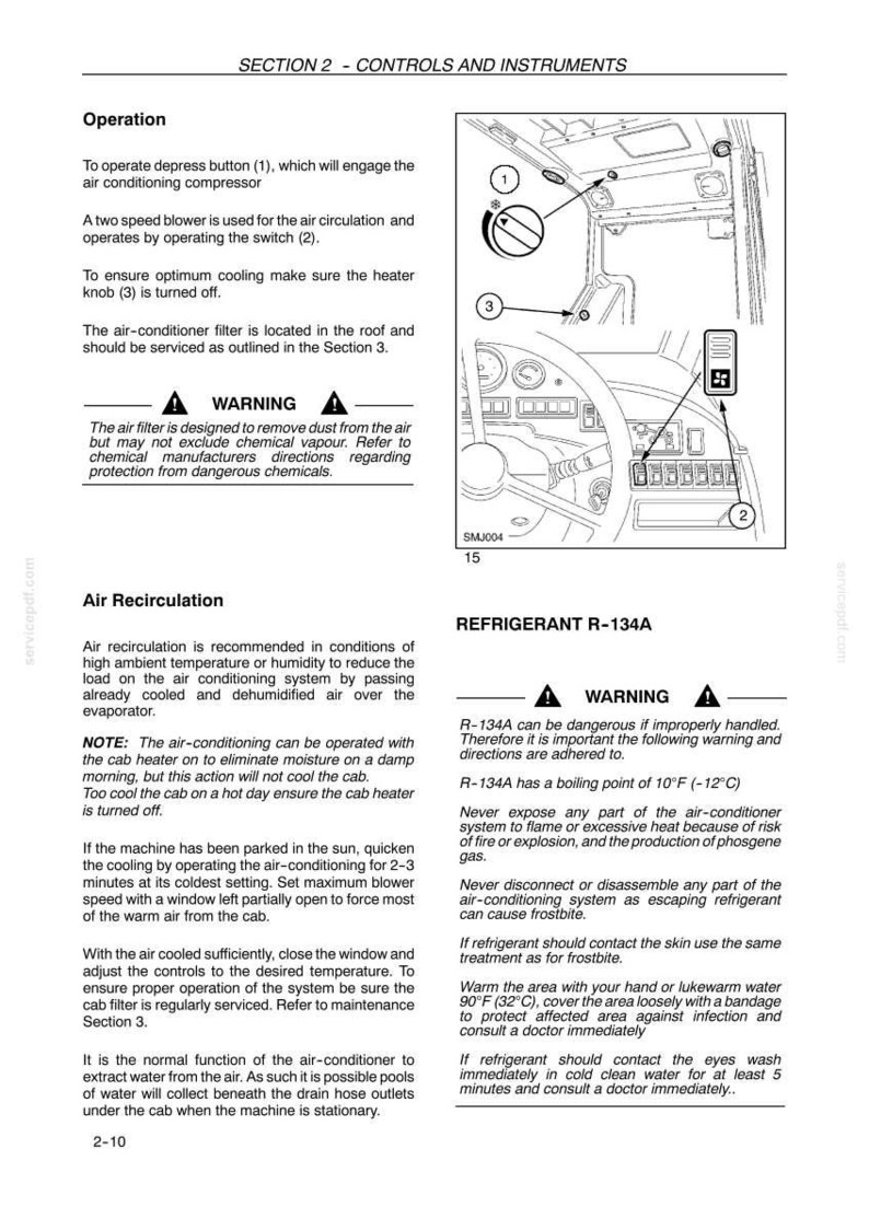 May include: A technical manual page titled SECTION 2 - CONTROLS AND INSTRUMENTS featuring a black and white line drawing of a vehicle dashboard. The diagram labels a depress button, a two-speed blower switch, and a heater knob with numbers 1, 2, and 3.