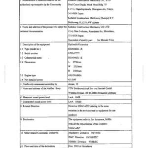 May include: An EC Declaration of Conformity document for a Kobelco Construction Machinery hydraulic excavator, model SK80MSR-1E. The document lists technical specifications, including dimensions of 3730mm by 2320mm by 2600mm, engine type 4JG1NABGA, and power 40.5kW.