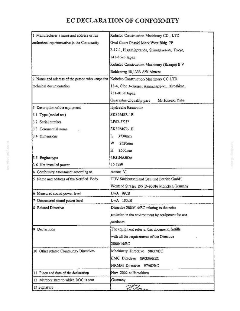 May include: An EC Declaration of Conformity document for a Kobelco Construction Machinery hydraulic excavator, model SK80MSR-1E. The document lists technical specifications, including dimensions of 3730mm by 2320mm by 2600mm, engine type 4JG1NABGA, and power 40.5kW.