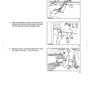 May include: Technical diagrams from a manual detailing machine maintenance procedures. The illustrations show close-ups of machine components, with labels and arrows pointing to parts for removal or adjustment. Text provides instructions and part numbers.
