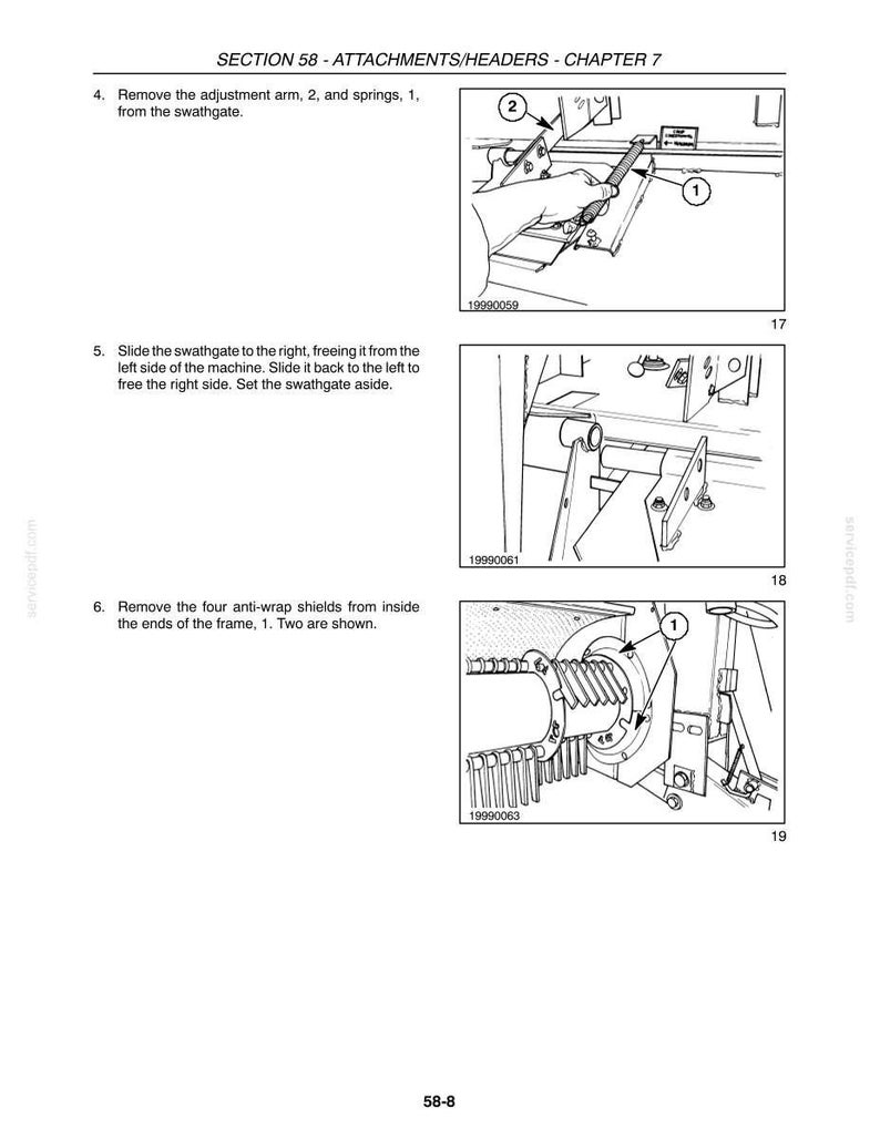 May include: Technical diagrams from a manual detailing machine maintenance procedures. The illustrations show close-ups of machine components, with labels and arrows pointing to parts for removal or adjustment. Text provides instructions and part numbers.