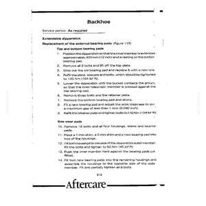May include: A technical document page titled Backhoe, detailing the replacement of external bearing pads for an extendable dipperstick. It includes numbered instructions, specific torque settings like 140 Nm (104 lbf ft), and measurements in mm and inches.