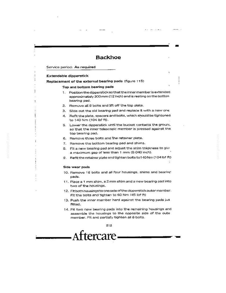 May include: A technical document page titled Backhoe, detailing the replacement of external bearing pads for an extendable dipperstick. It includes numbered instructions, specific torque settings like 140 Nm (104 lbf ft), and measurements in mm and inches.