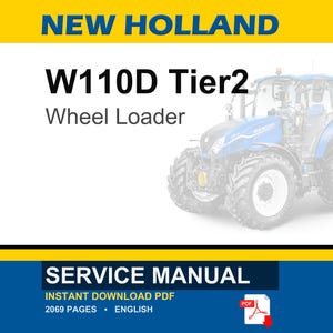 K&ouml;nnte beinhalten: Bild eines New Holland W110D Tier2 Radladers. Das Bild zeigt oben den gelben Text "NEW HOLLAND". Darunter steht "W110D Tier2 Wheel Loader". Am unteren Rand steht "SERVICE MANUAL".