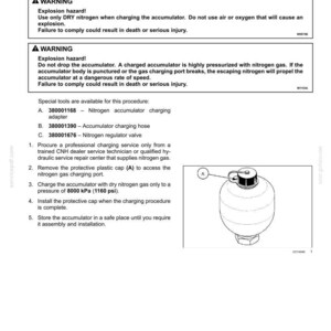 May include: Diagram of an accumulator charging procedure. The image includes a diagram of the accumulator, a warning about explosion hazards, and instructions for charging with dry nitrogen gas to 8000 kPa (1160 psi).