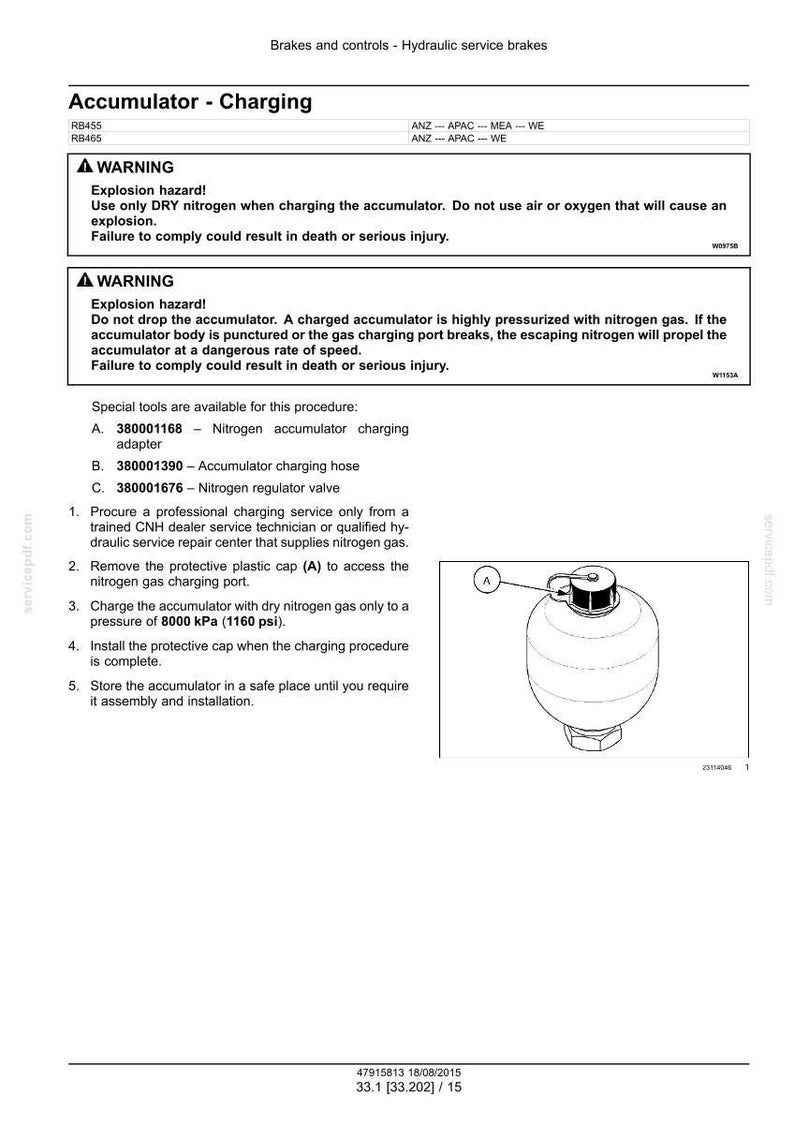 May include: Diagram of an accumulator charging procedure. The image includes a diagram of the accumulator, a warning about explosion hazards, and instructions for charging with dry nitrogen gas to 8000 kPa (1160 psi).