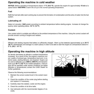 May include: A page from a manual with the title "6 - WORKING OPERATIONS". It includes instructions on operating machinery in cold weather, high altitude, and high temperatures, with a temperature gauge graphic.