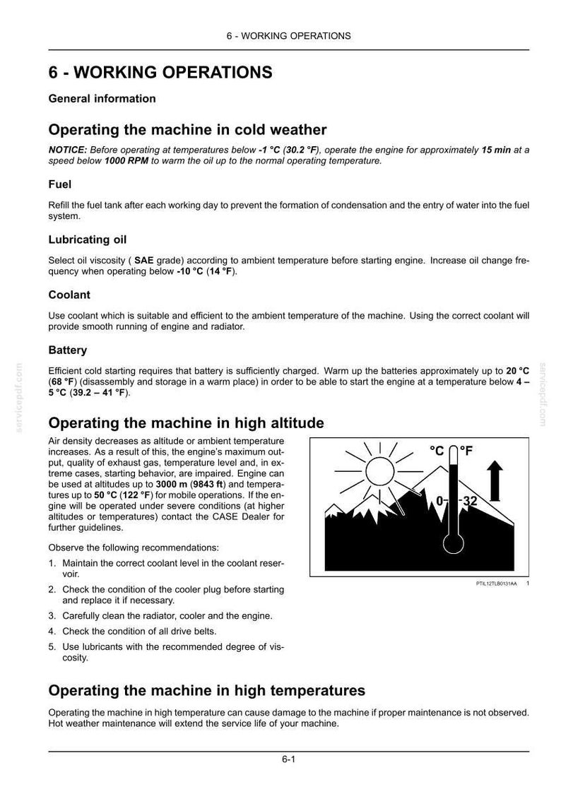 May include: A page from a manual with the title "6 - WORKING OPERATIONS". It includes instructions on operating machinery in cold weather, high altitude, and high temperatures, with a temperature gauge graphic.