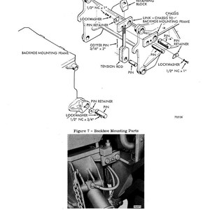 Peut inclure: Sch&eacute;ma technique des pi&egrave;ces de montage d'une pelle r&eacute;tro, avec des &eacute;tiquettes telles que "Backhoe Mounting Frame", "Lockwasher" et "Pin Retainer". L'image comprend &eacute;galement une pelle r&eacute;tro mont&eacute;e, avec le texte "Figure 7 - Backhoe Mounting Parts" et "Figure 8 - Backhoe Mounted".