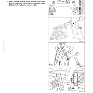 May include: Diagram illustrating maintenance procedures for a vehicle. The image includes close-ups of the vehicle's interior, including the dashboard, steering wheel, and pedals. Text indicates how to check lights and brakes.