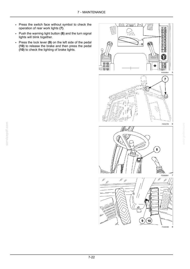 May include: Diagram illustrating maintenance procedures for a vehicle. The image includes close-ups of the vehicle's interior, including the dashboard, steering wheel, and pedals. Text indicates how to check lights and brakes.