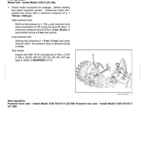 May include: Technical diagram for brake leakage test Model 3105 II. The document includes instructions for high and low-pressure tests, with measurements in bar and psi. It also lists test media specifications.