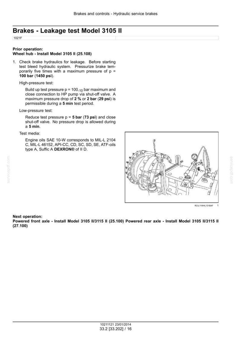 May include: Technical diagram for brake leakage test Model 3105 II. The document includes instructions for high and low-pressure tests, with measurements in bar and psi. It also lists test media specifications.