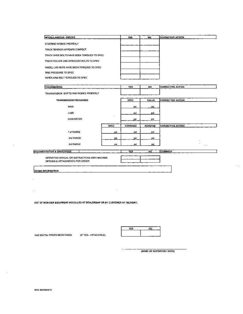 Op de afbeelding: Een wit document met zwarte tekst met details over voertuiginspectiepunten. Secties omvatten diverse controles, transmissie en documentatie. Er zijn selectievakjes voor 'ja' en 'nee' antwoorden, met ruimte voor corrigerende acties en opmerkingen.