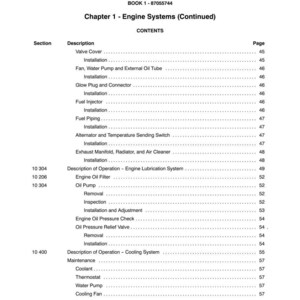 May include: A page from a manual titled "SECTION 10 - ENGINE SYSTEMS." The table of contents lists engine components like the valve cover, fuel injector, oil pump, and cooling system parts. The page number is 7.