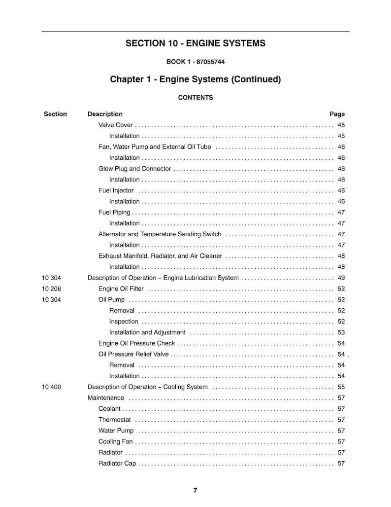 May include: A page from a manual titled "SECTION 10 - ENGINE SYSTEMS." The table of contents lists engine components like the valve cover, fuel injector, oil pump, and cooling system parts. The page number is 7.