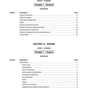 May include: A detailed table of contents from a manual, with headings for "General" and "Engine" sections. The text includes topics like "Safety," "Specifications," and "Timing System." The page numbers are listed on the right.