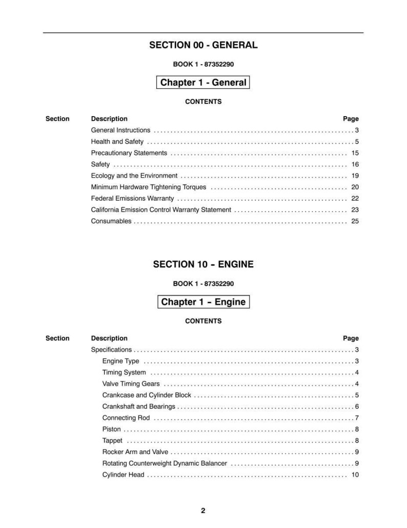 May include: A detailed table of contents from a manual, with headings for "General" and "Engine" sections. The text includes topics like "Safety," "Specifications," and "Timing System." The page numbers are listed on the right.
