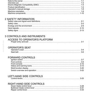 May include: A white document page with the title "Contents" at the top. The document lists various sections, including "General Information," "Safety Information," and "Controls and Instruments," with corresponding page numbers.