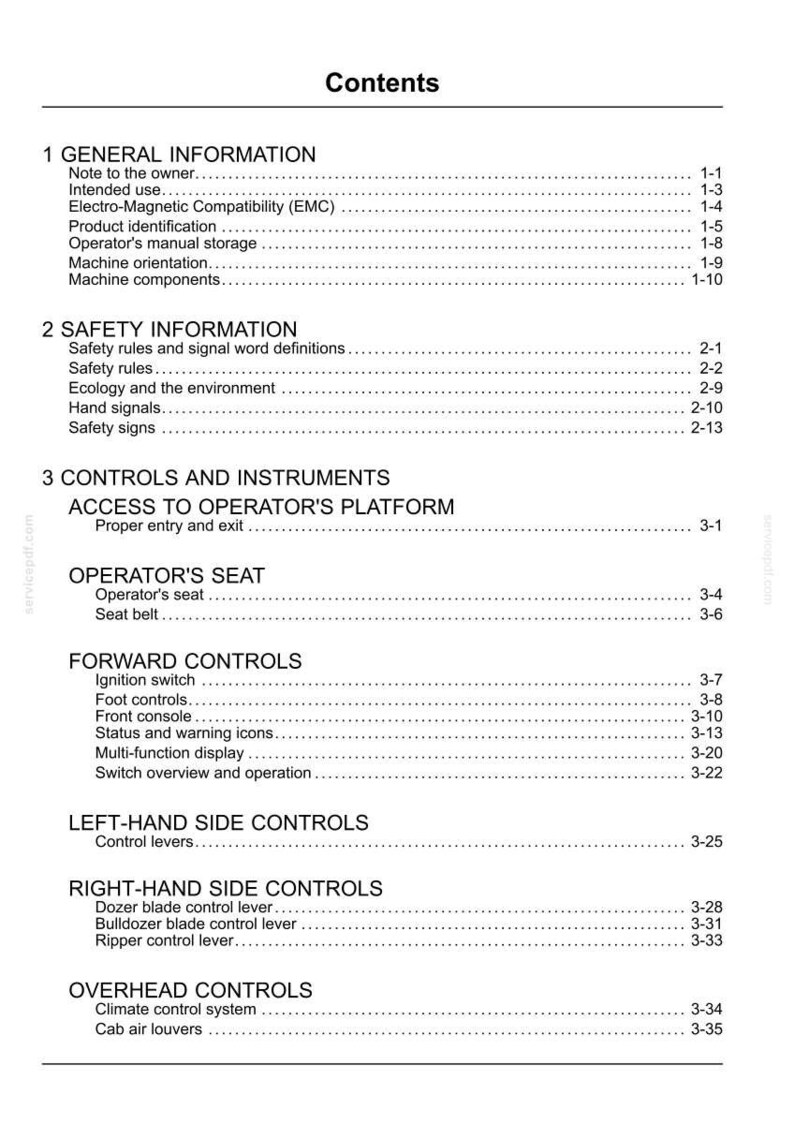 May include: A white document page with the title "Contents" at the top. The document lists various sections, including "General Information," "Safety Information," and "Controls and Instruments," with corresponding page numbers.