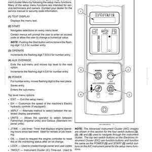 May include: An instrument cluster panel with buttons labeled "POWER", "START", "OPERATE", and "AUX OVERRIDE". The panel includes a display area and is likely used for controlling machinery functions. The text "3 - CONTROLS AND INSTRUMENTS" is at the top.