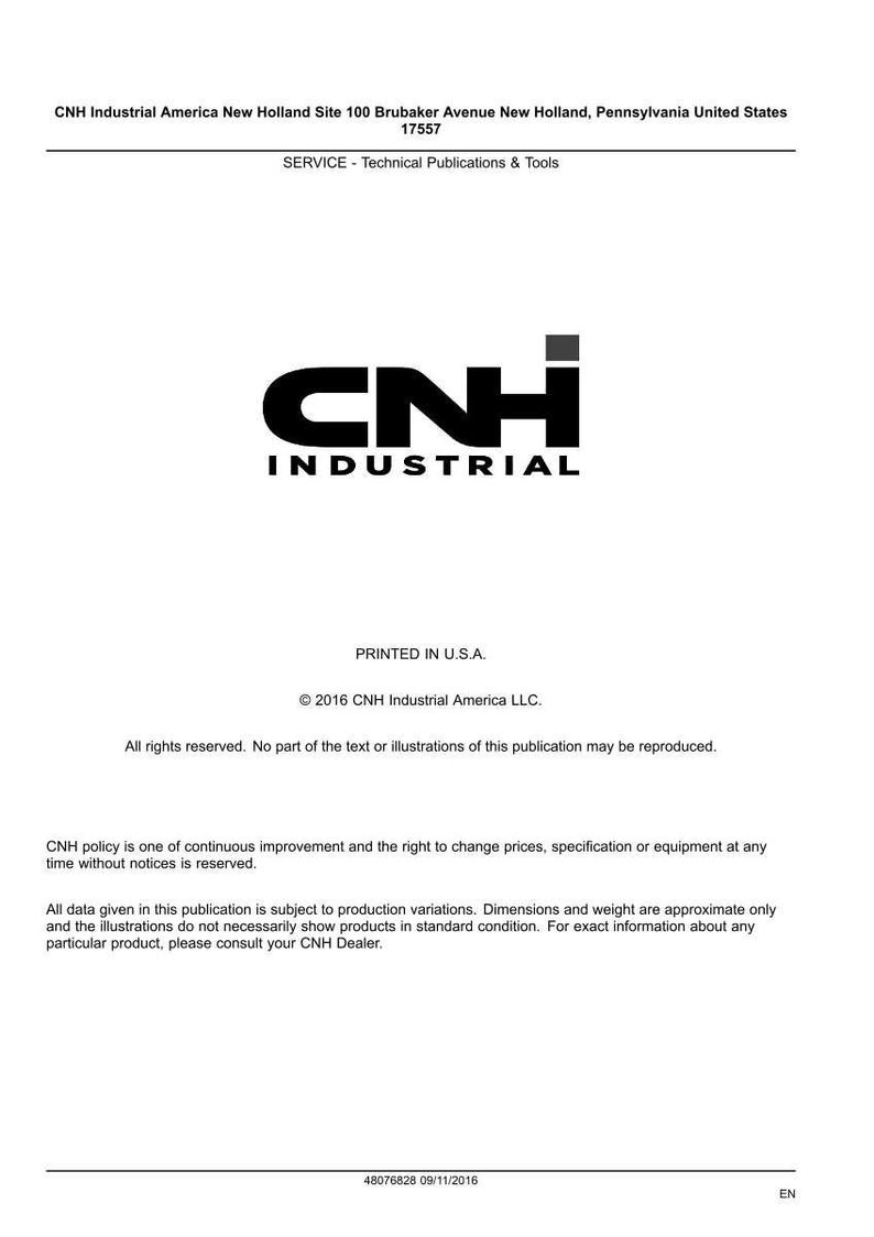 May include: A white document with the black text "CNH INDUSTRIAL" and the CNH Industrial logo. The document includes the address of CNH Industrial America in New Holland, Pennsylvania, and other text.