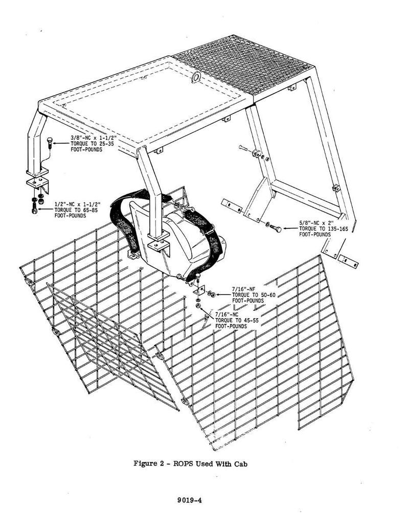 May include: An engineering diagram of a ROPS (Roll-Over Protective Structure) used with a cab. The diagram is in black and white and includes measurements in foot-pounds for torque specifications. The structure has a rectangular top and a wire mesh grid.