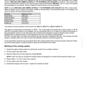 May include: A technical document page titled Engine cooling system, detailing Organic Acid Technology coolant requirements for New Holland Construction equipment, including a property table with maximum limits and washing instructions.
