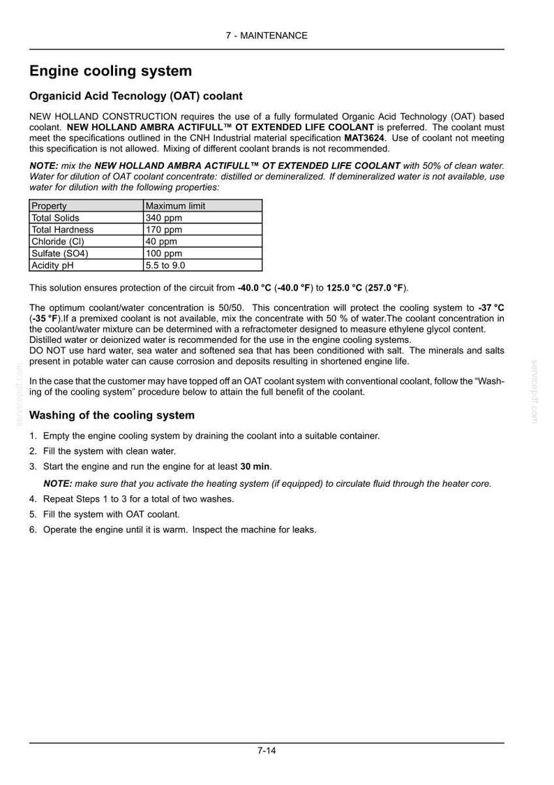 May include: A technical document page titled Engine cooling system, detailing Organic Acid Technology coolant requirements for New Holland Construction equipment, including a property table with maximum limits and washing instructions.