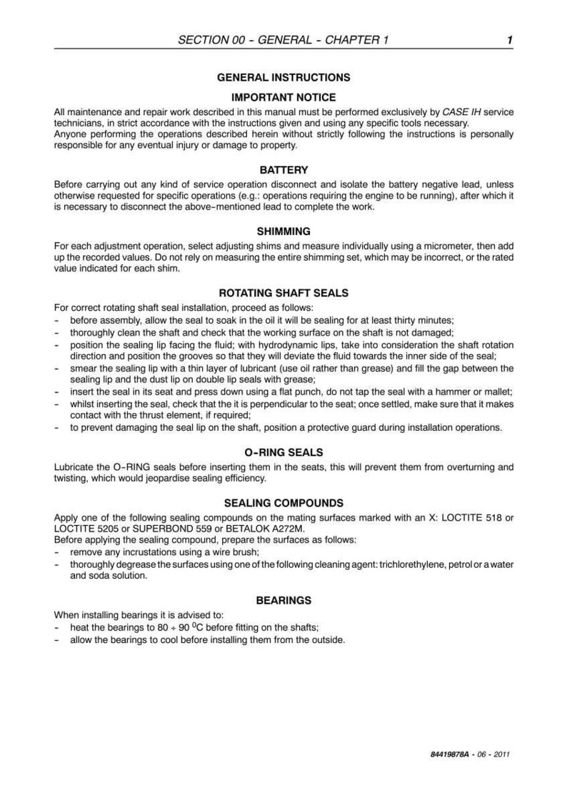 May include: A page from a manual with the title "GENERAL INSTRUCTIONS". The text provides instructions for maintenance, battery procedures, shimming, rotating shaft seals, O-ring seals, sealing compounds, and bearings. The document includes technical details.