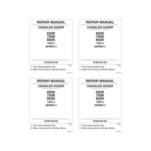 Op de afbeelding: Vier witte rechthoekige reparatiehandleidingen voor een rupsdozer. Elke handleiding heeft de tekst "REPAIR MANUAL CRAWLER DOZER" en vermeldt modelnummers 650K, 750K en 850K. De handleidingen bevatten ook instructies.