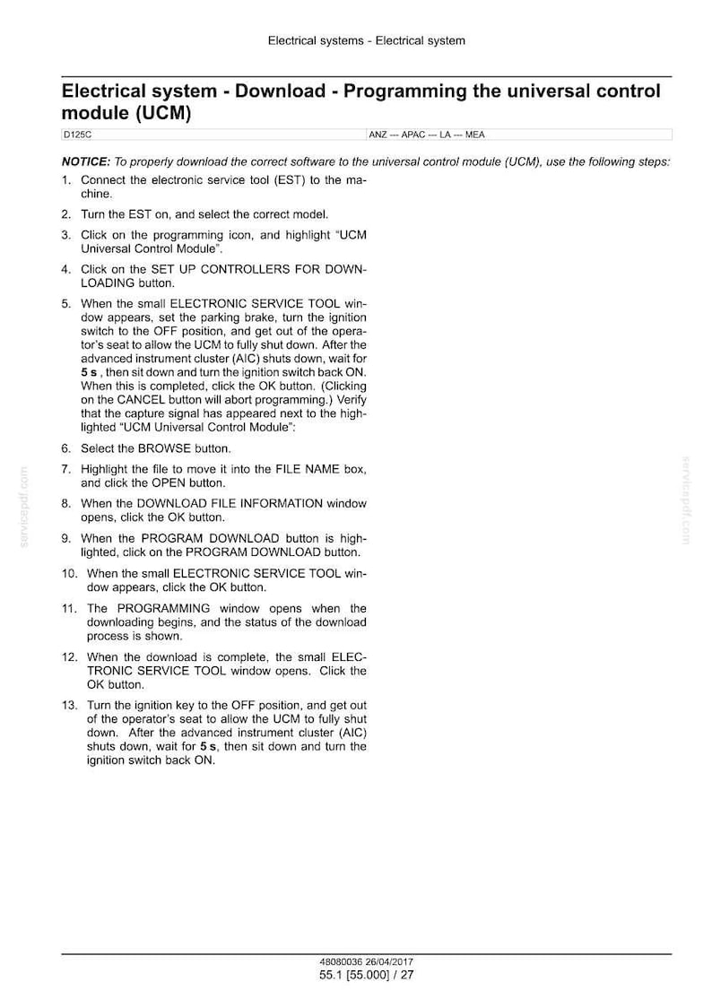 May include: A document detailing the steps to download and program a universal control module (UCM) for an electrical system. The text includes instructions for connecting a service tool, selecting models, and downloading software.