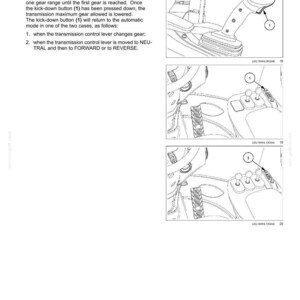 May include: Diagram of vehicle controls, including a kick-down button labeled (1). The image shows various control panels with labeled components, illustrating the function of the kick-down button and gear shifting.